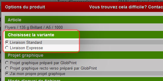 Aide: le choix du délais de la réalisation dans les options du produit